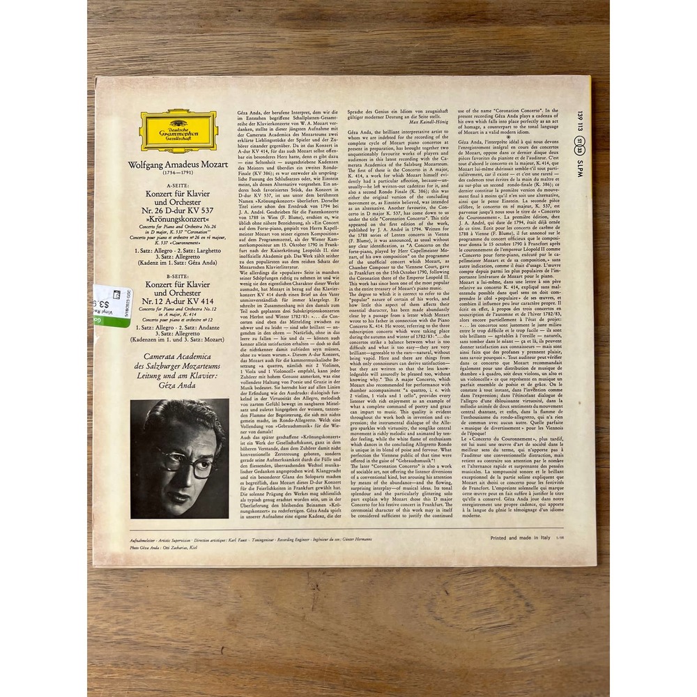 MOZART PIANO CONCERTOS "CORONATION" -SALZBURG-ANDA-DGG 139 113  STEREO TULIPS LP